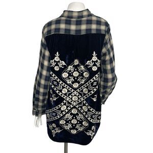Soft Surroundings Velvet Embroidered Plaid Flannel Shirt Tunic Boho L Whimsigoth